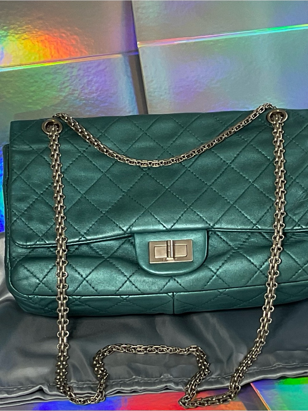 CHANEL Quilted Metallic Turqouise-N-Chains, Jumbo Pocketbook, As Is, Sorry Alice